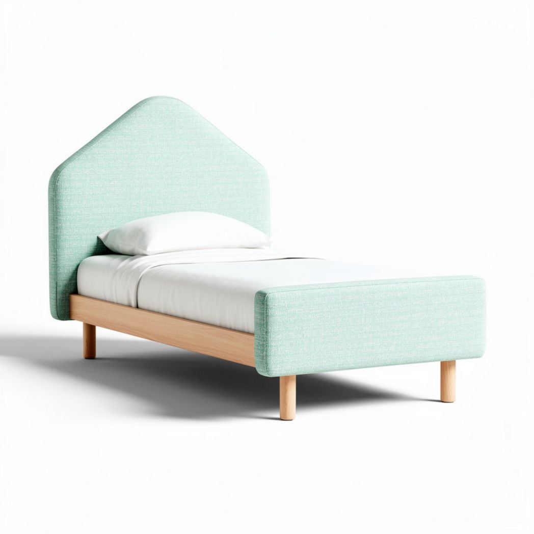Letto singolo in tessuto verde acqua con struttura in legno 200 x 100 x 90cm