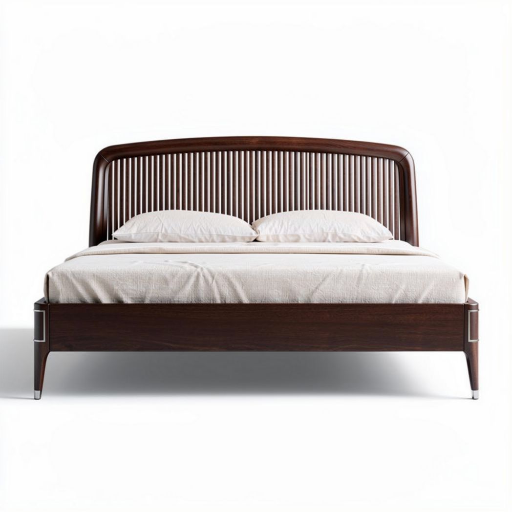Letto matrimoniale in legno scuro con testiera a doga 200 x 160 x 100cm