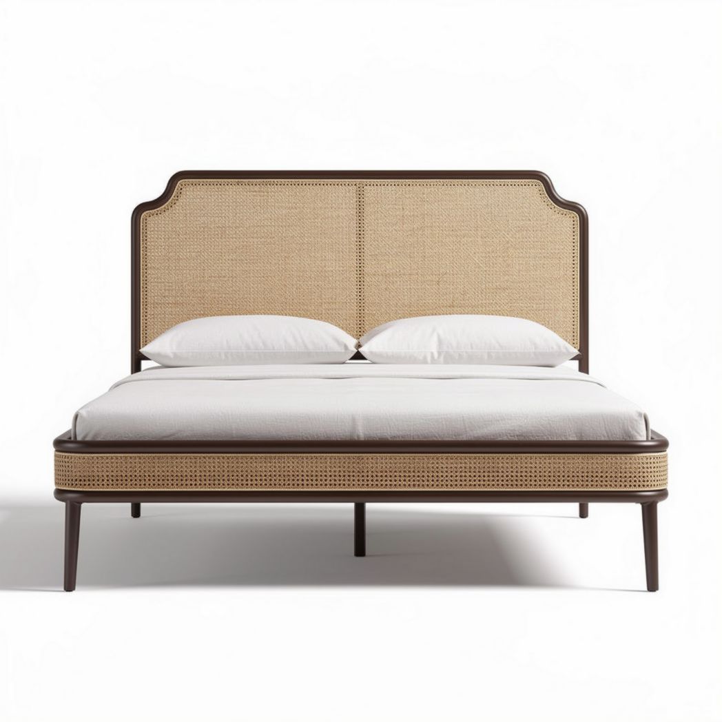 Letto matrimoniale in legno con testiera in midollino 200 x 160 x 100cm beige