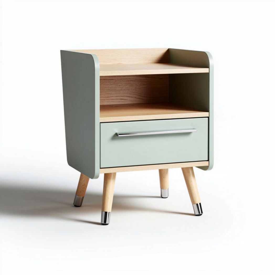 Comodino in legno con cassetto di colore verde e ripiano superiore 40 x 30 x 50cm