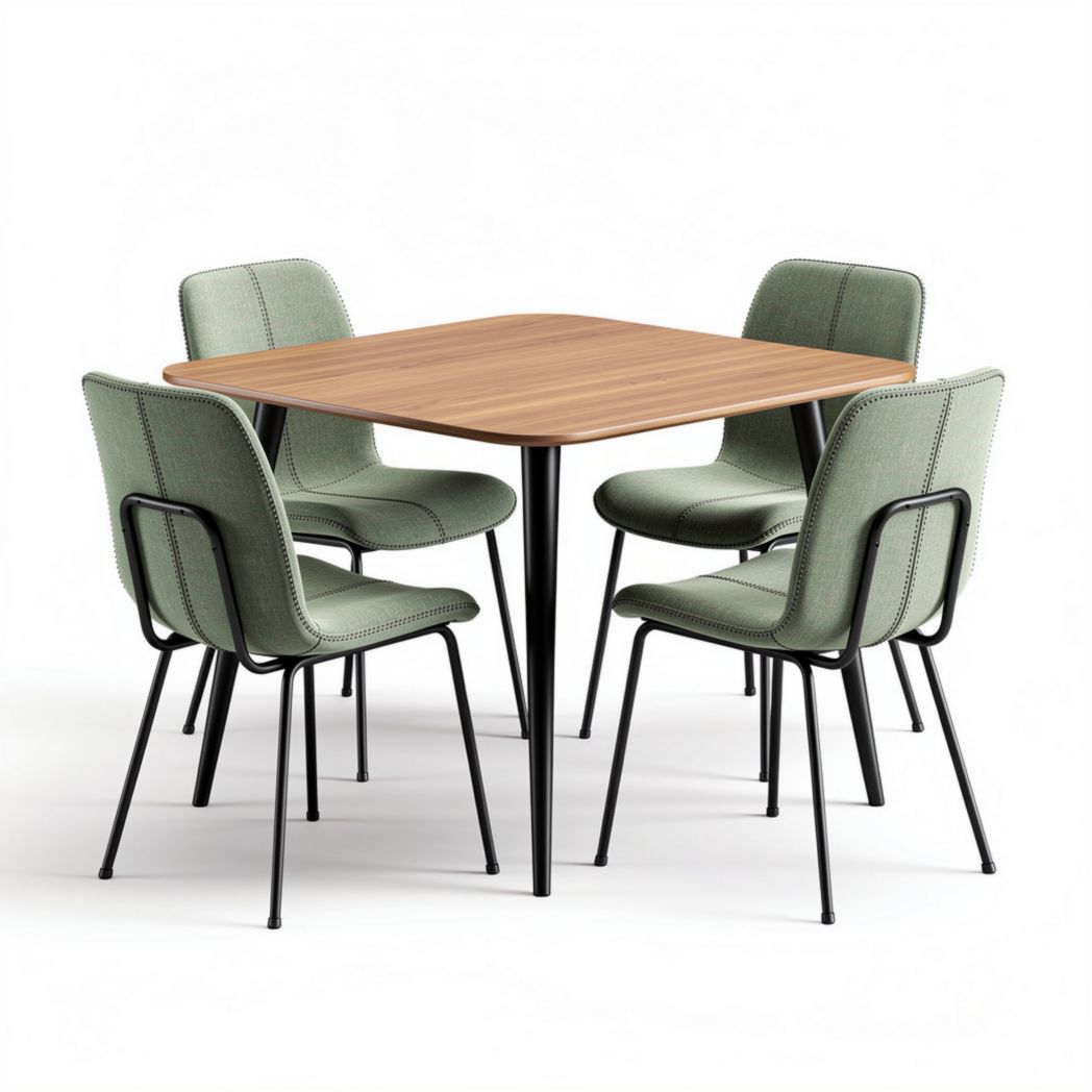 Tavolo quadrato in legno con 4 sedie imbottite verdi e gambe nere 150 x 150 x 75cm