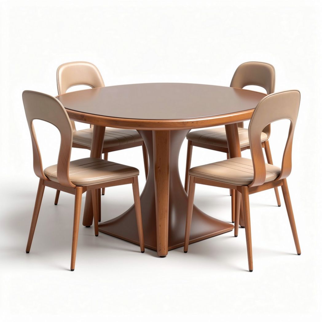 Tavolo rotondo in legno color noce con quattro sedie beige 120 x 120 x 75cm
