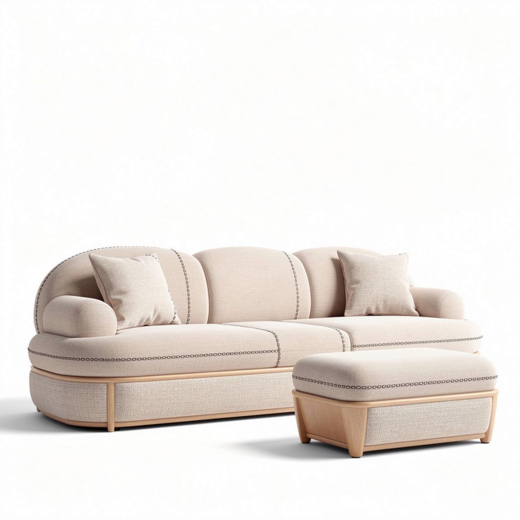 Divano in tessuto chiaro con poggiapiedi in legno 220 x 100 x 85cm