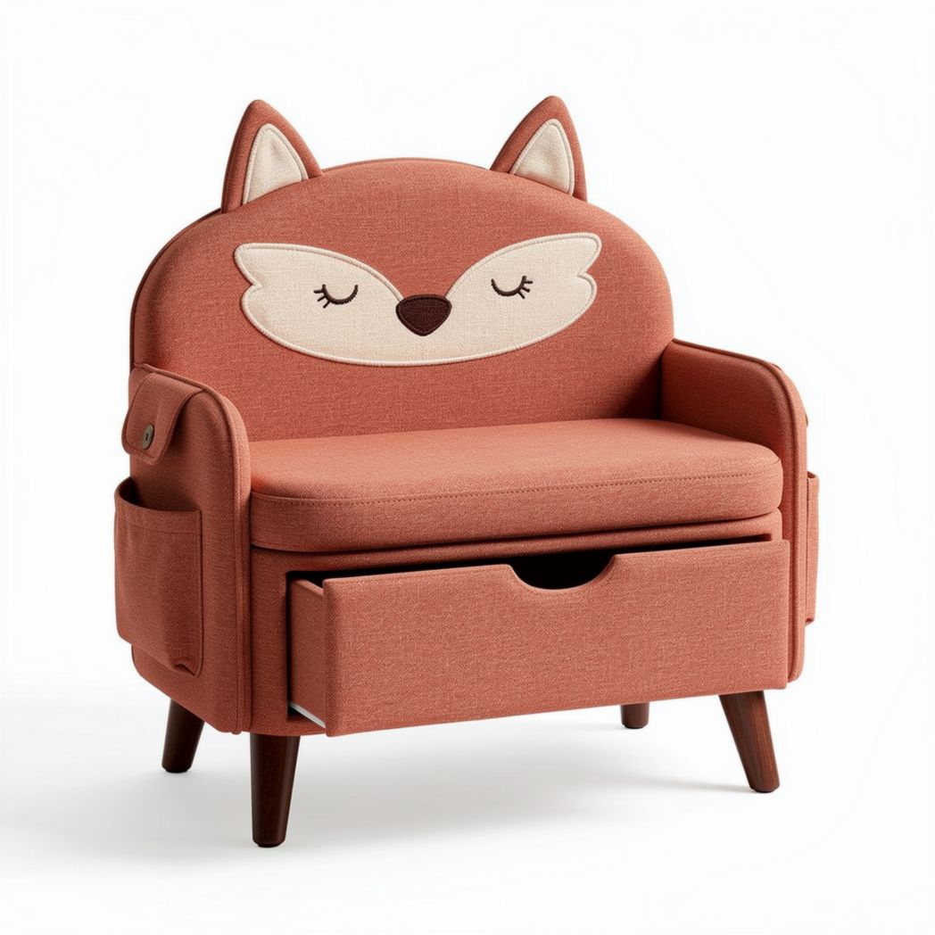 Poltroncina per bambini in tessuto arancione con cassetto e schienale a forma di volpe 60 x 50 x 70cm