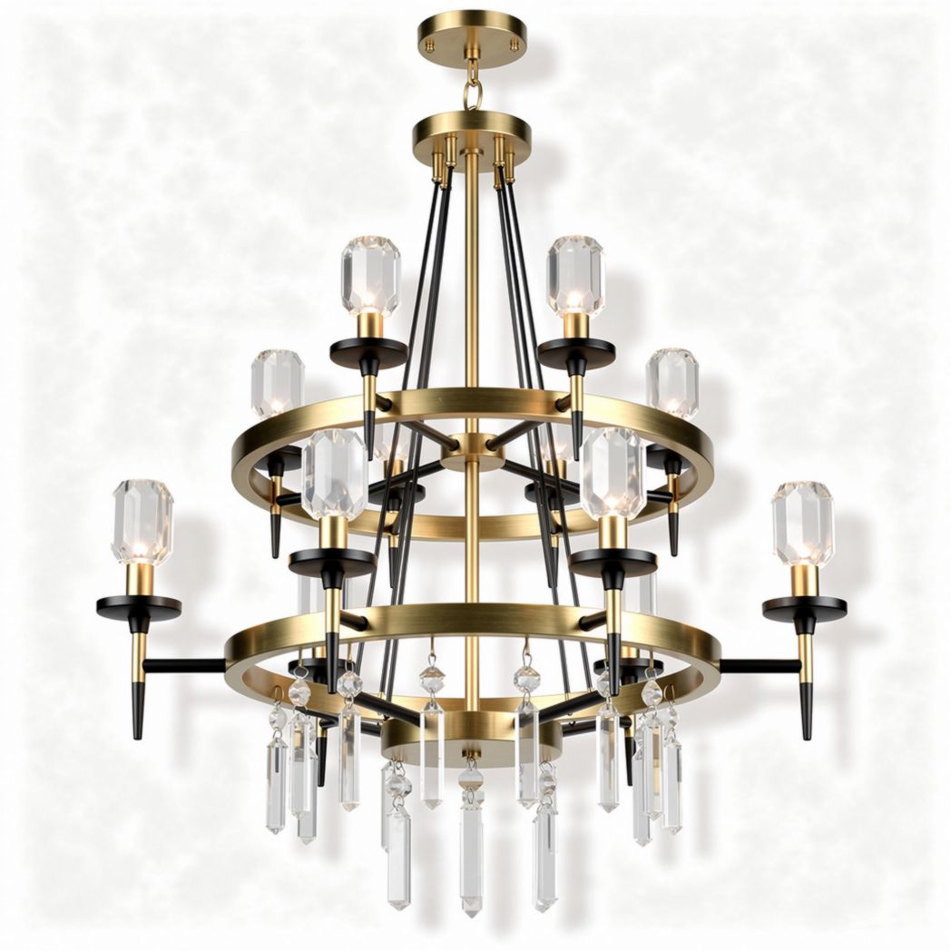 Lampadario in metallo dorato e nero con dettagli in cristallo 50 x 50 x 60cm