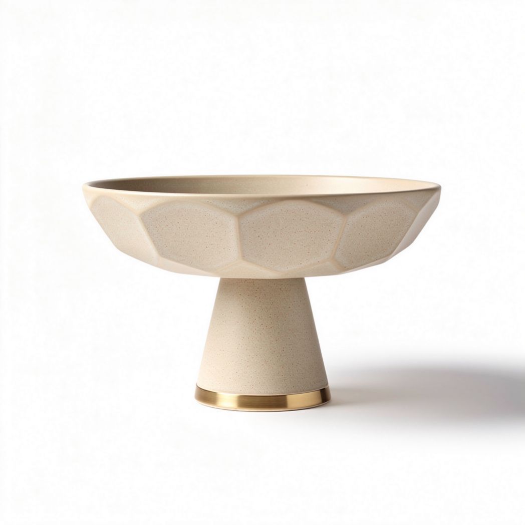 Ciotola in ceramica color beige con base dorata 20 x 20 x 10cm